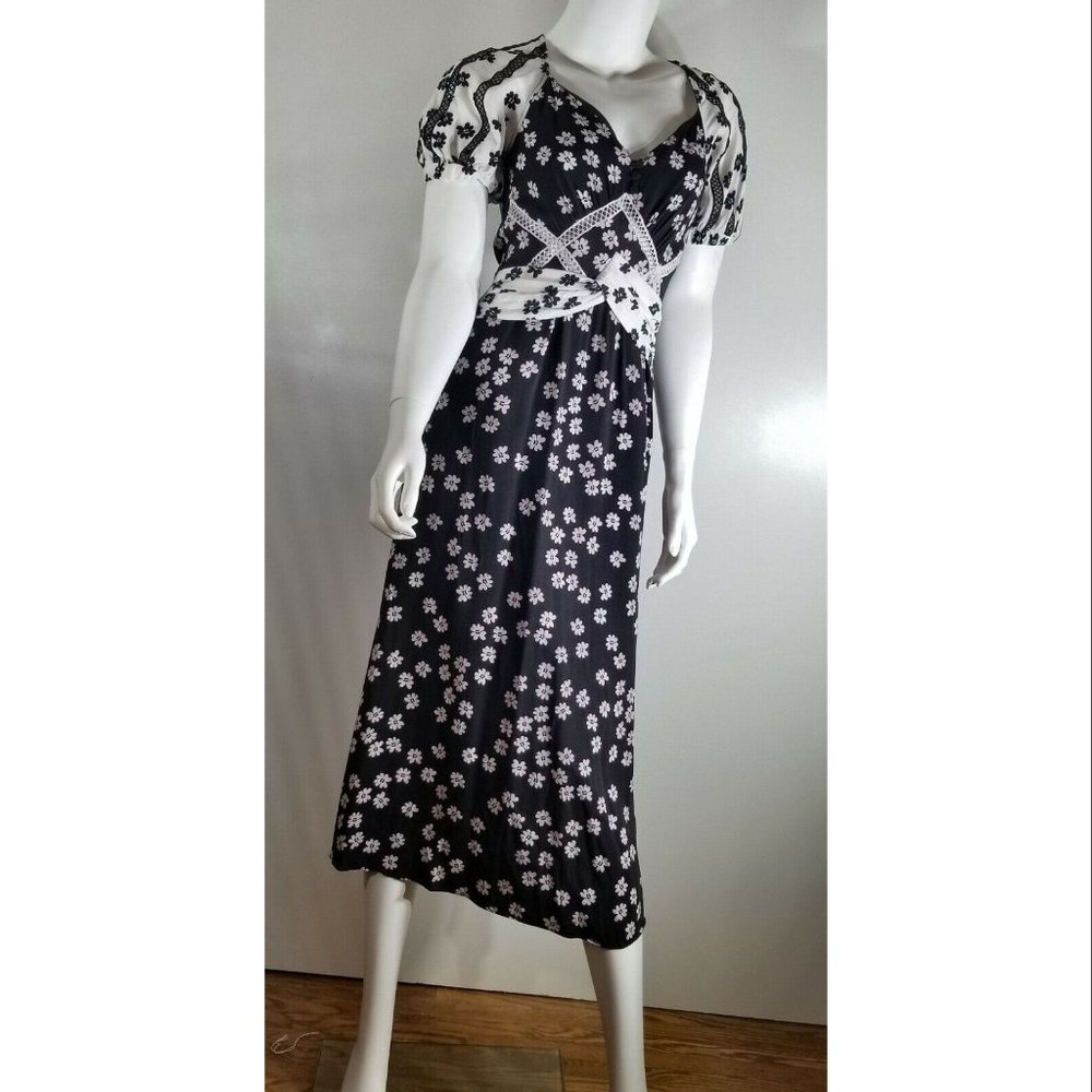 Self Portrait Daisy Print Puff Sleeve Women's Midi Dress, Black/White Size US 2 - Picture 5 of 12